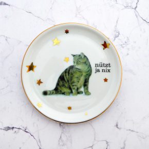 Wandteller Katze Typo nützt ja nix Herr Fuchs mini 10cm Gold Sterne vintage