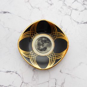 Wandteller Herr Fuchs Mond 10cm mini gold/schwarz Muster eckig vintage