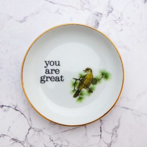 Wandteller Herr Fuchs Typo you are great Goldrand mini Vogel 9cm vintage