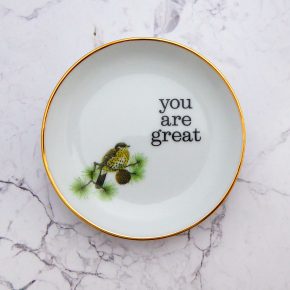 Wandteller Herr Fuchs Typo you are great Goldrand mini Vogel 9cm vintage