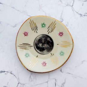 Wandteller Herr Fuchs Mond 10cm mini Blumen bunt gold vintage eckig Muster