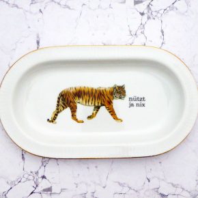 Wandteller Platte Herr Fuchs Typo nützt ja nix 30cm Tiger gold vintage Goldrand