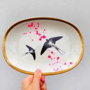 Wandteller Platte Herr Fuchs Schwalbe gold Wohnen 24/17cm neonpink Kleckse vintage