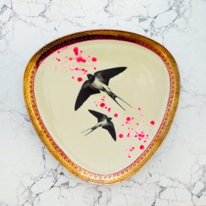 Wandteller Platte Herr Fuchs Schwalbe gold/rot 27cm neonpink Kleckse vintage eckig