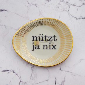 Wandteller Typo nützt ja nix Herr Fuchs mini 11cm Gold Blumen Muster oval vintage