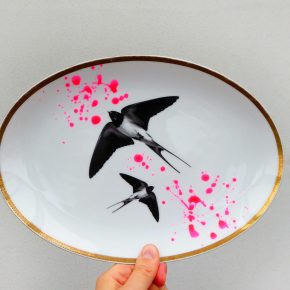 Wandteller Platte Herr Fuchs Schwalbe gold Wohnen 27/20cm neonpink Kleckse vintage