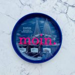 Wandteller Typo moin. vintage Herr Fuchs mini neonpink blau 9cm Hafen Hamburg Köhlbrandbrücke