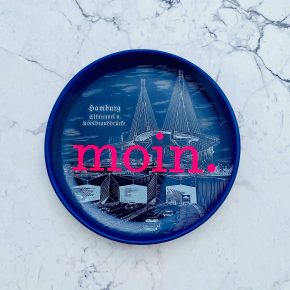 Wandteller Typo moin. vintage Herr Fuchs mini neonpink blau 9cm Hafen Hamburg Köhlbrandbrücke
