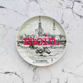 Wandteller Typo moin. vintage Herr Fuchs mini neonpink 10cm Hafen Hamburg Panorama Schlepper