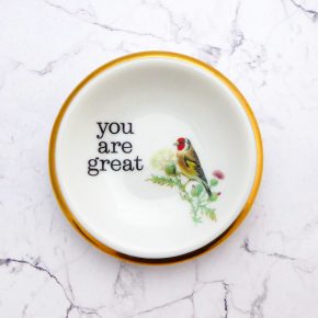 Wandteller Herr Fuchs Typo you are great Goldrand mini Vogel 9cm vintage Diestelfink