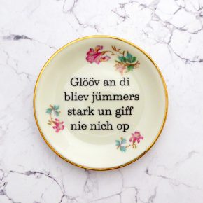 Wandteller Glööv an di Typo Herr Fuchs mini 12cm gold plattdeutsch Blumen Bunt