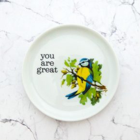 Wandteller Herr Fuchs Typo you are great mini Vogel 10cm vintage Blaumeise
