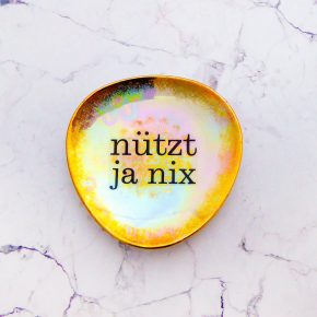 Wandteller Typo nützt ja nix Herr Fuchs mini 8cm Gold Regenbogen irisierend eckig