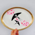 Wandteller Platte Herr Fuchs Schwalbe gold Wohnen 31/22cm neonpink Kleckse vintage