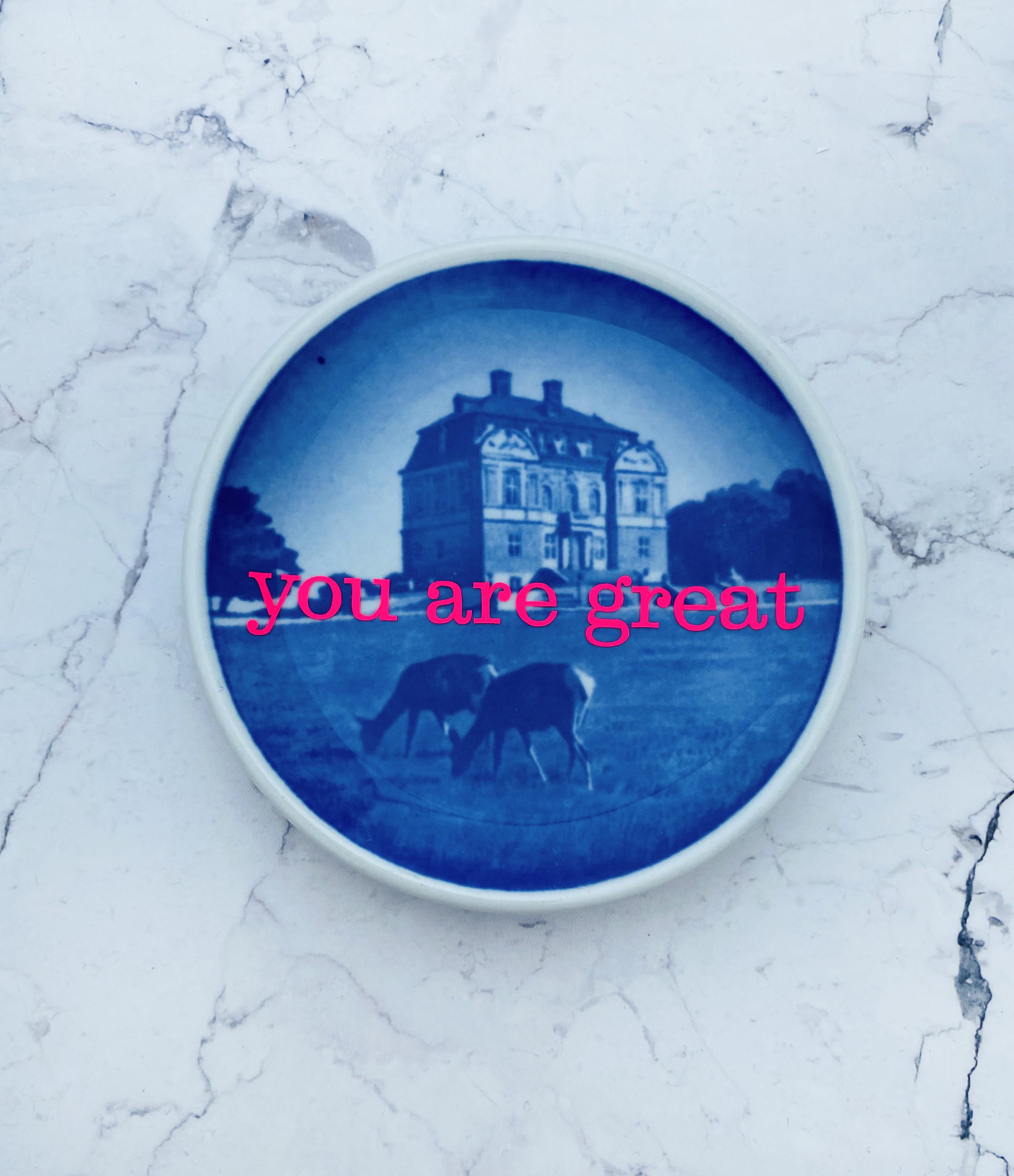 Wandteller Herr Fuchs you are great Typo blau mini 8cm neon Haus mit Reh vintage