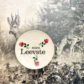 Wandteller Herr Fuchs mien Leevste Typo Blumen mini 10cm rot Gold vintage