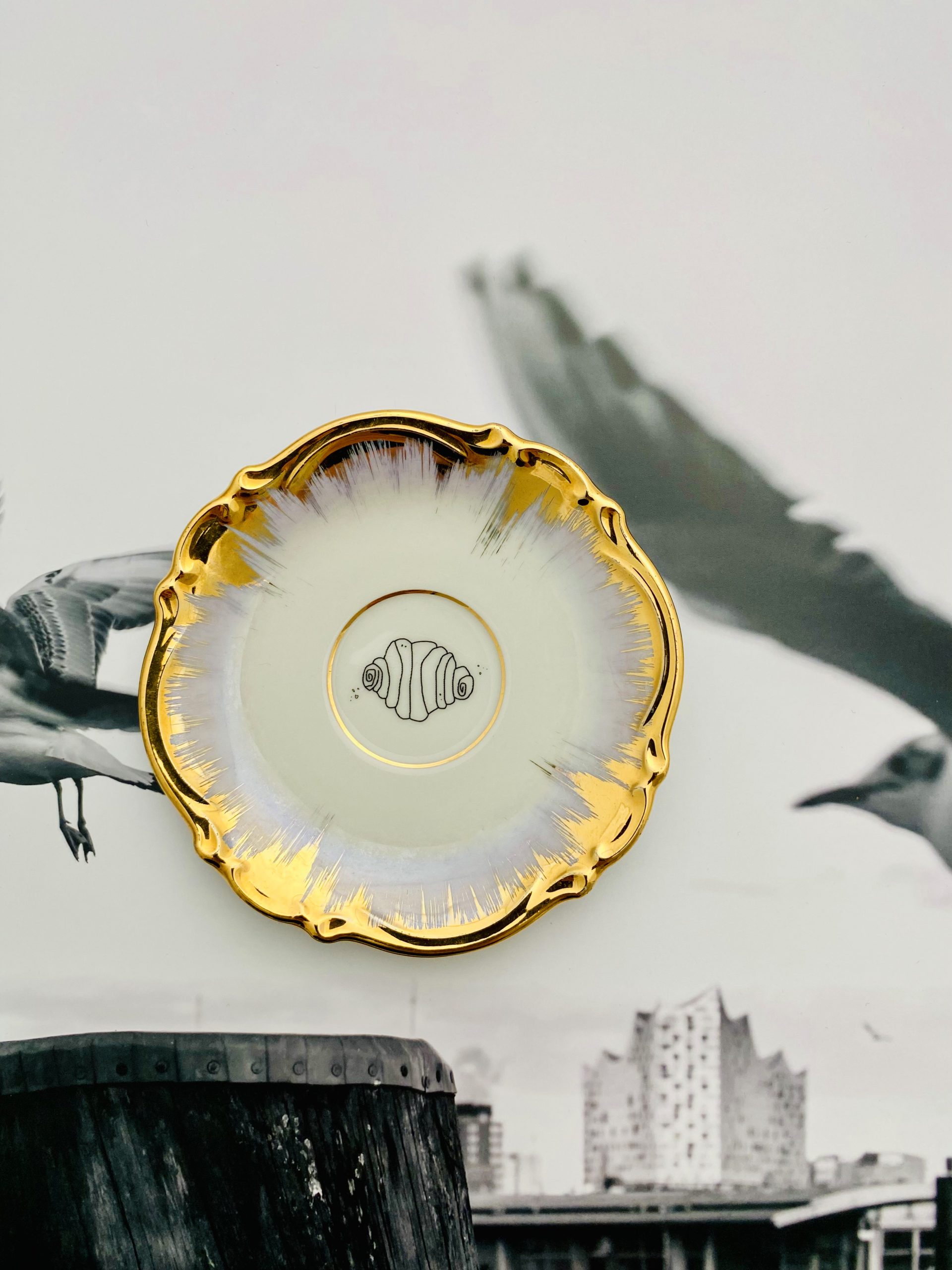 Wandteller Herr Fuchs Franzbrötchen Gold lila mini Regenbogen 11cm vintage Hamburg