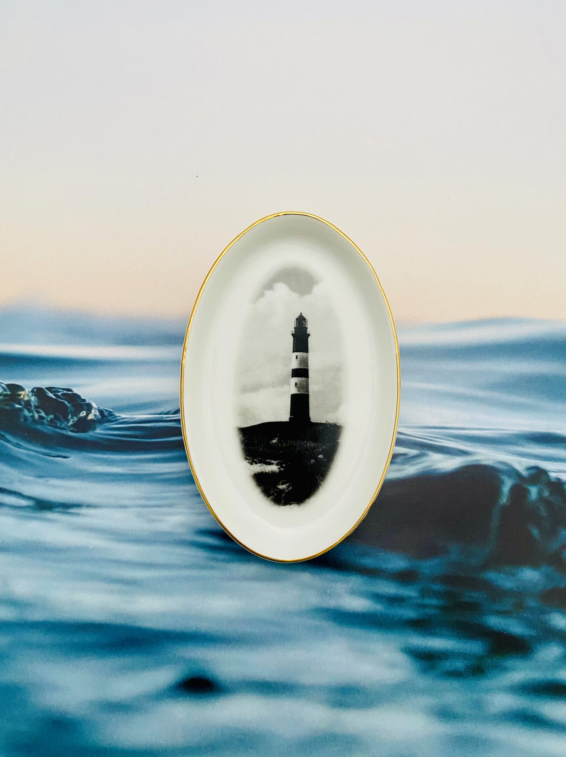 Wandteller Leuchtturm vintage Herr Fuchs Deko gold mini oval 11cm