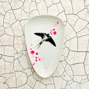 Wandteller Schwalbe Herr Fuchs mini 12cm neon Punkte Kleckse pink vintage oval