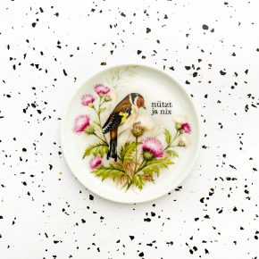 Wandteller Herr Fuchs Typo nützt ja nix Vogel Diestelfink mini 10cm vintage