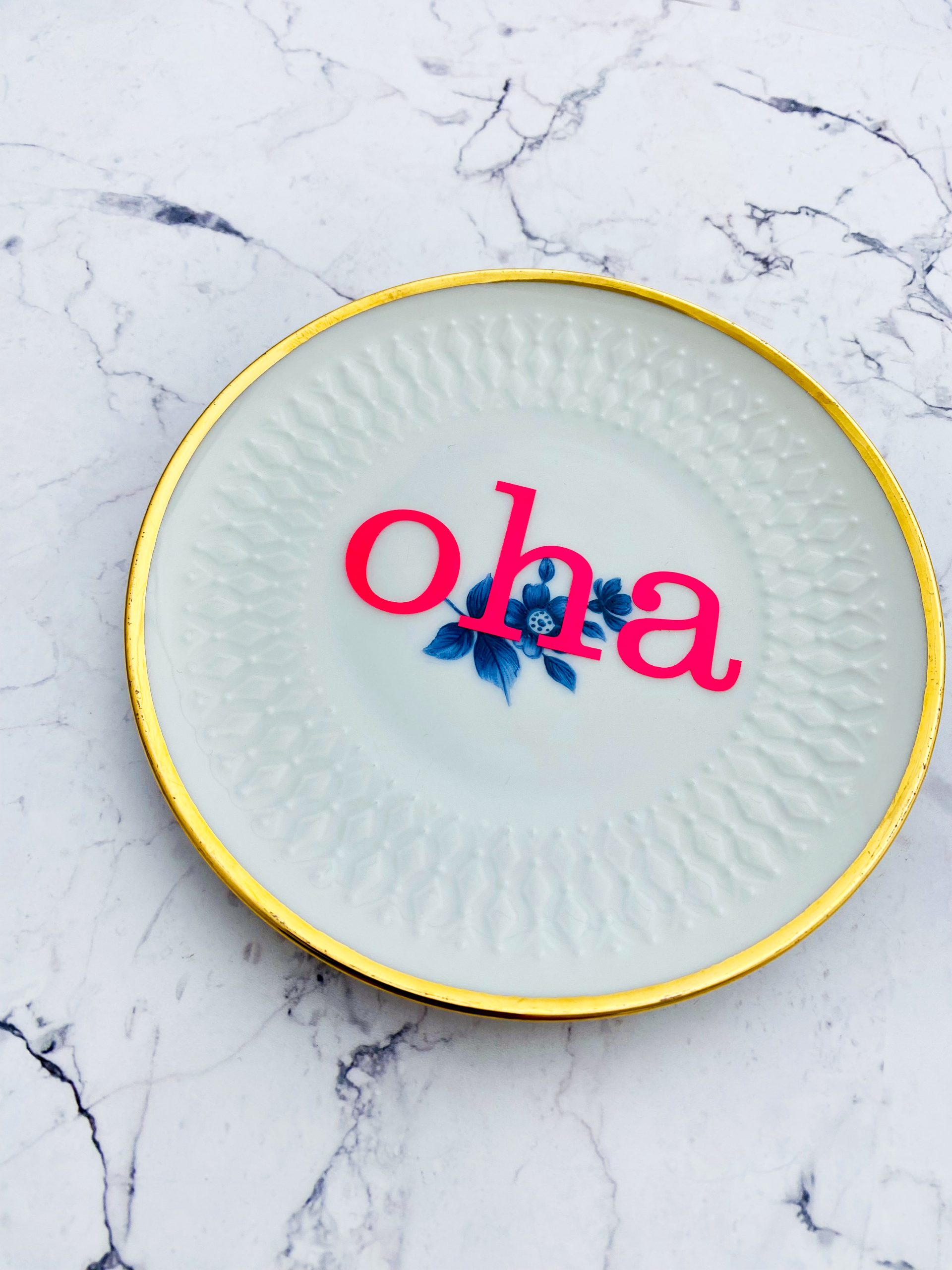 Wandteller Typo oha vintage Herr Fuchs mini 10cm Blau neonpink gold Blume – Bild 2