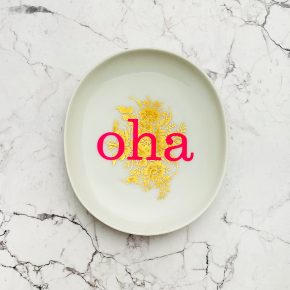 Wandteller Typo oha vintage Herr Fuchs mini neonpink gold 11cm Blume oval