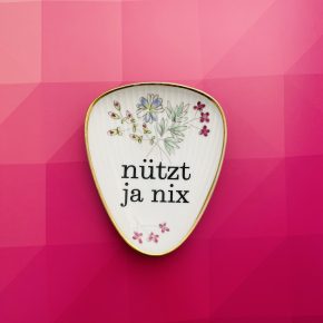 Wandteller Typo nützt ja nix Herr Fuchs mini 12cm Gold Blumen Muster vintage eckig