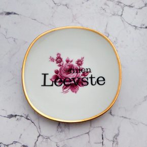 Wandteller Herr Fuchs Typo mien Leevste mini gold burgund Blumen 10cm vintage plattdeutsch