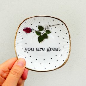 Wandteller you are great vintage Herr Fuchs Teller eckig mini 11cm Blumen gold Punkte