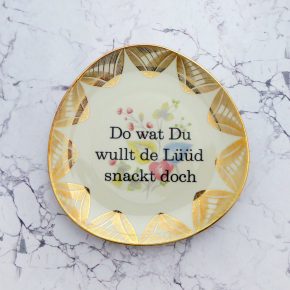 Wandteller Typo Do wat du wullt vintage Herr Fuchs Teller Gold Bunt 19cm Blume eckig plattdeutsch