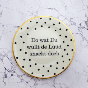 Wandteller Typo Do wat du wullt vintage Herr Fuchs Gold 19cm Punkte schwarz