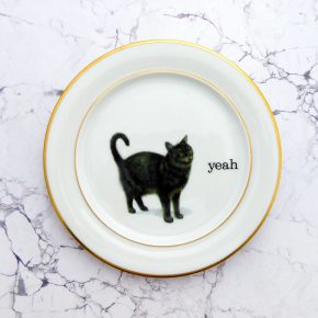 Wandteller Typo yeah Goldrand Herr Fuchs  Katze 19cm vintage schwarz