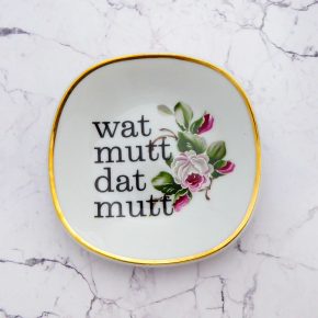 Wandteller Typo wat mutt dat mutt Herr Fuchs mini 10cm eckig Gold Blumen vintage plattdeutsch