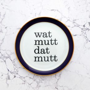 Wandteller Typo wat mutt dat mutt Herr Fuchs 19cm Gold Blau vintage plattdeutsch