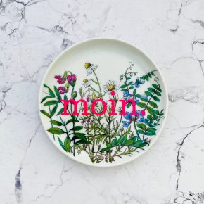 Wandteller Typo moin. vintage Herr Fuchs mini neonpink bunt 10cm Blumen Frühling