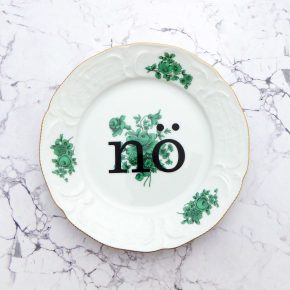 Wandteller Typo NÖ vintage Herr Fuchs Teller Blumen 19cm Grün Gold