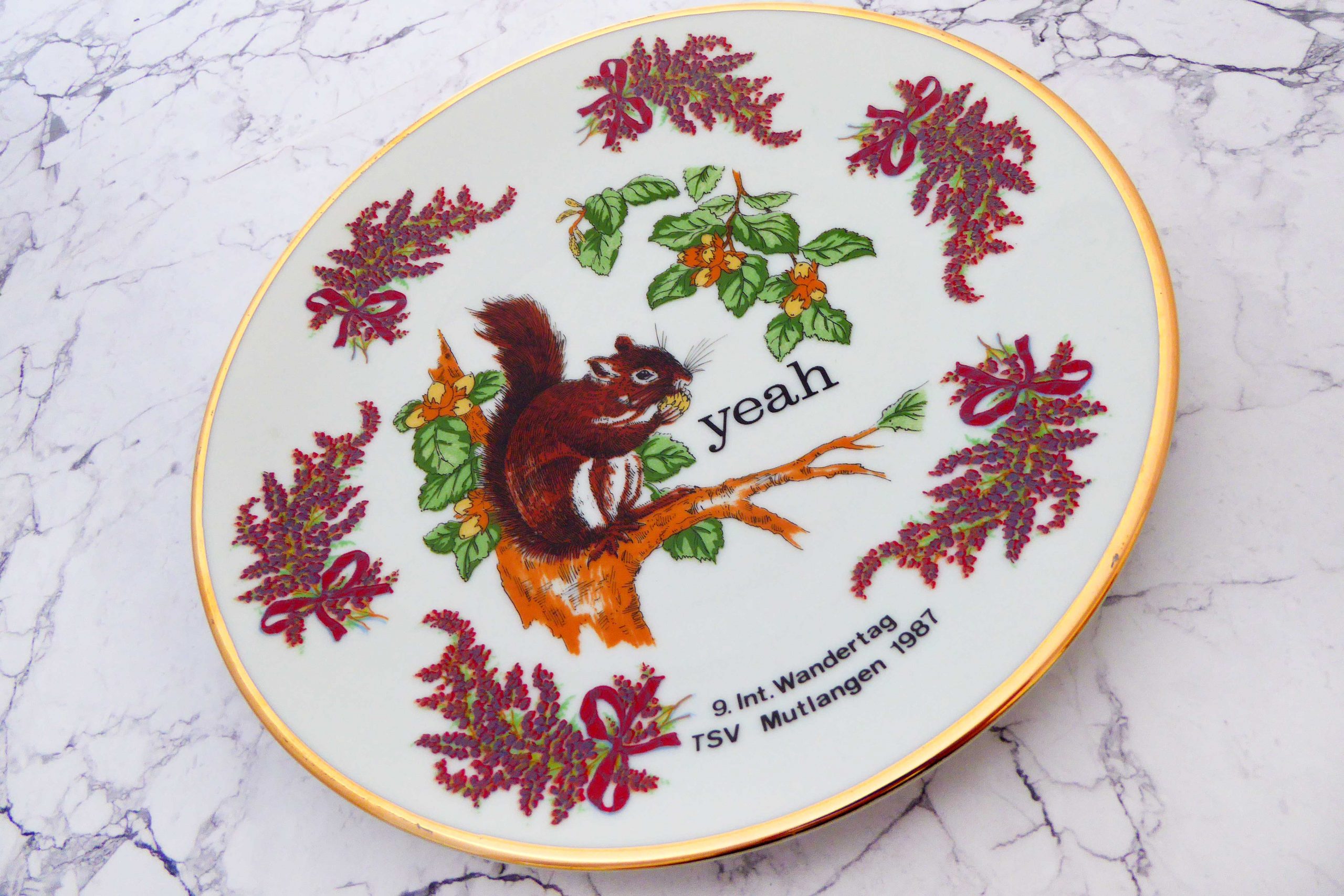 Wandteller yeah Herr Fuchs Eichhörnchen gold 19cm Typo Blumen vintage – Bild 2