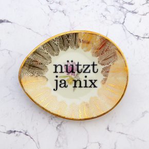 Wandteller Typo nützt ja nix Herr Fuchs mini 11cm Gold Muster oval vintage Blume Bunt