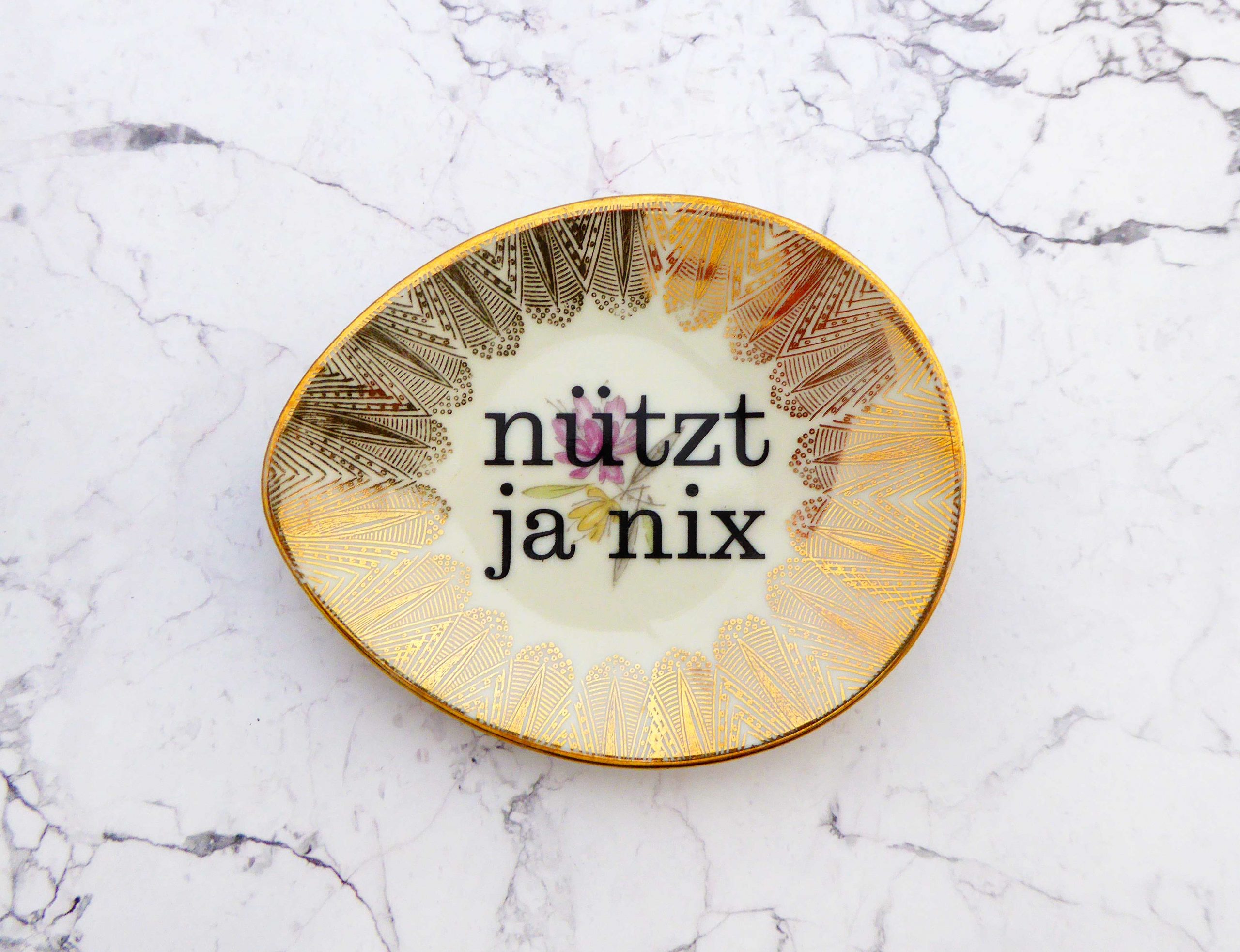 Wandteller Typo nützt ja nix Herr Fuchs mini 11cm Gold Muster oval vintage Blume Bunt