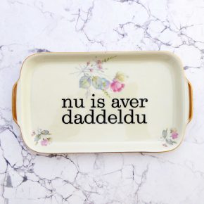 Wandteller Platte daddeldu Typo Herr Fuchs 22cm  plattdeutsch vintage Blume Bunt Gold