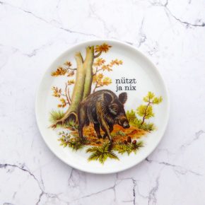 Wandteller Herr Fuchs nützt ja nix Typo Wildschwein mini 10cm vintage schnack