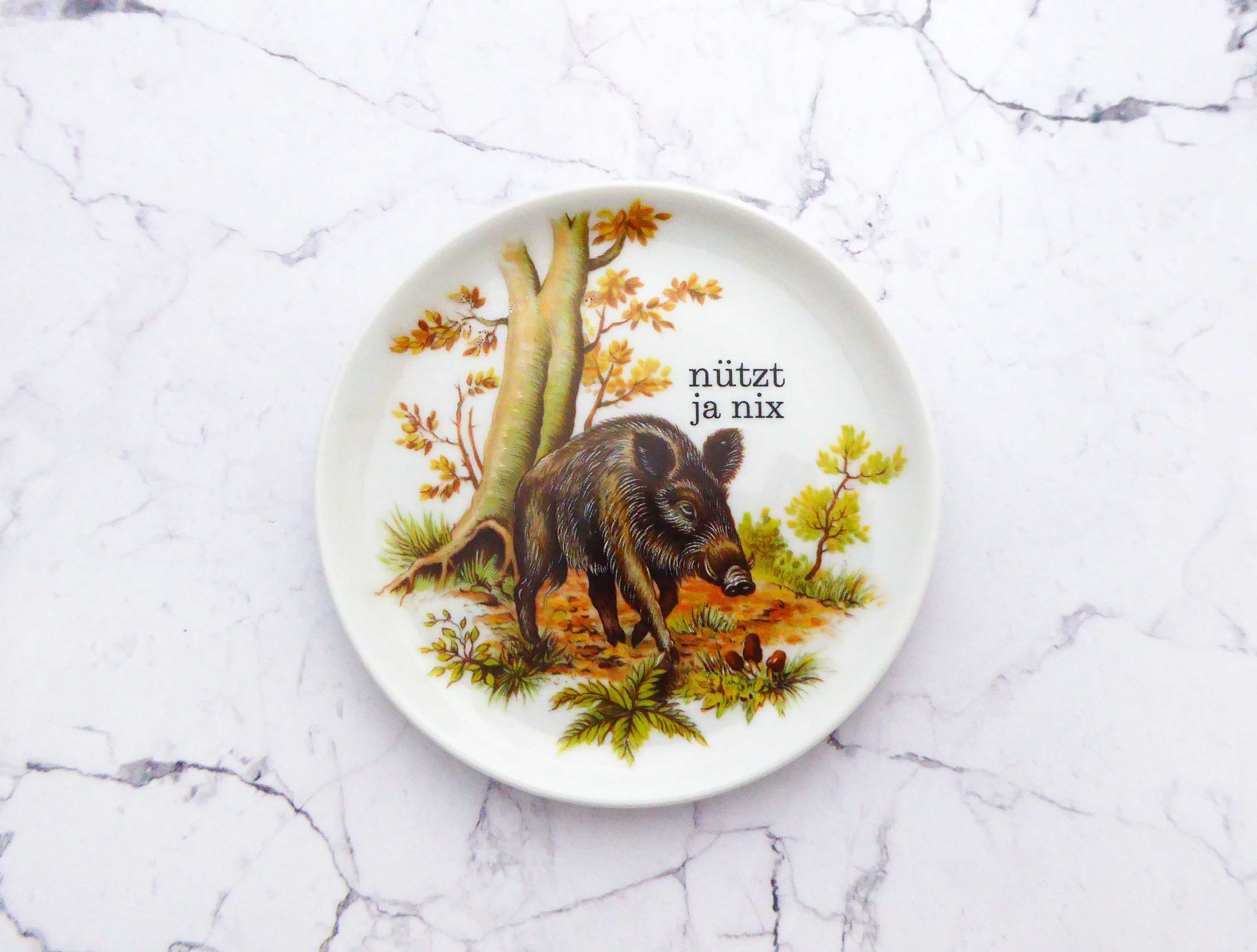 Wandteller Herr Fuchs nützt ja nix Typo Wildschwein mini 10cm vintage schnack