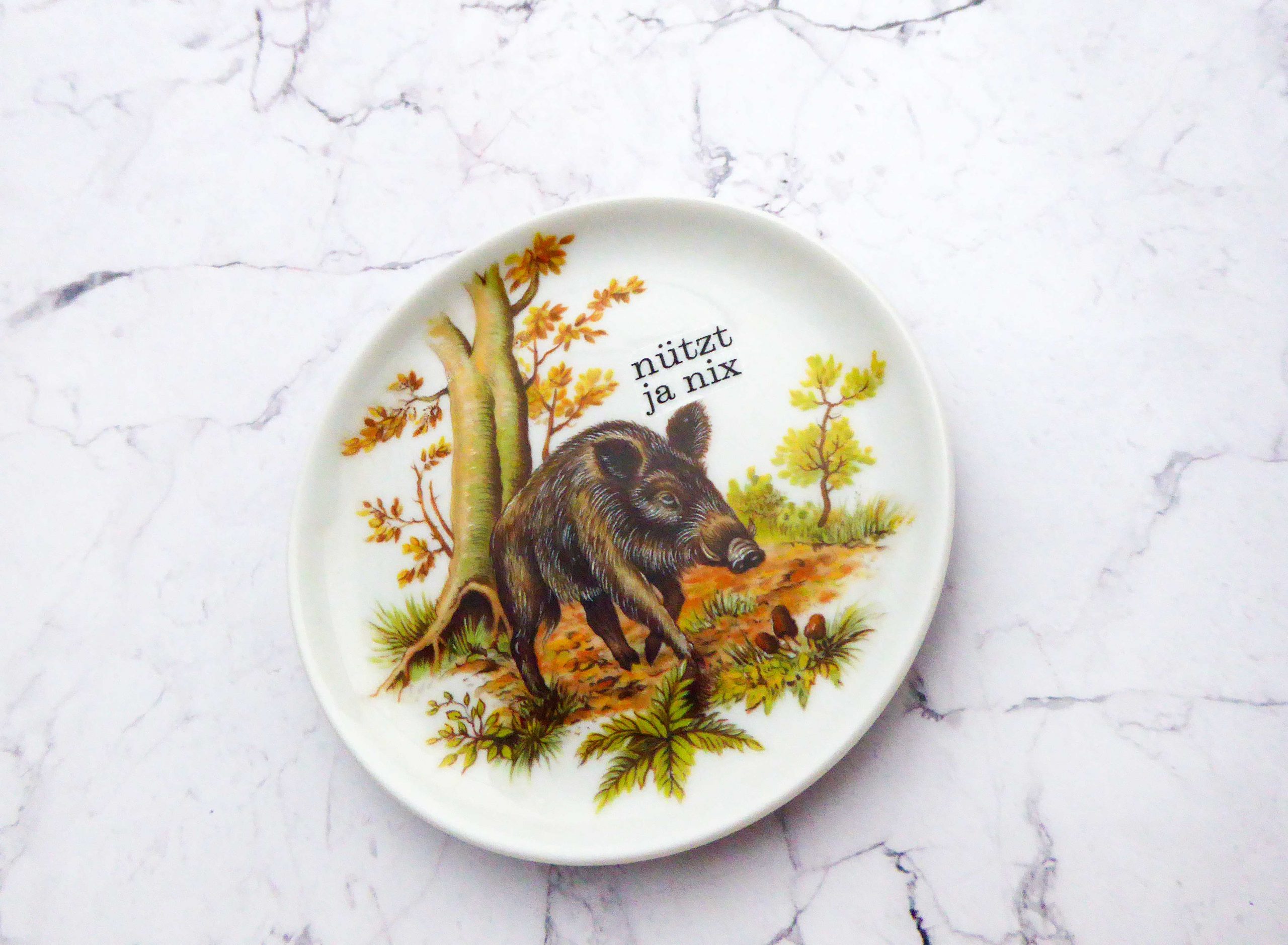 Wandteller Herr Fuchs nützt ja nix Typo Wildschwein mini 10cm vintage schnack – Bild 2