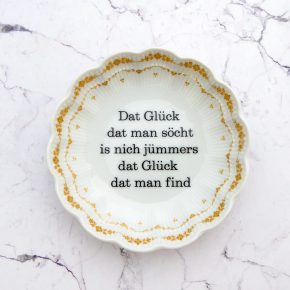Wandteller Glück Typo Herr Fuchs mini 10cm Blumen gold vintage plattdeutsch