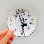 Wandteller Hamburger Hafen Kran Dock 17 Goldrand vintage Herr Fuchs mini 11cm Bunt