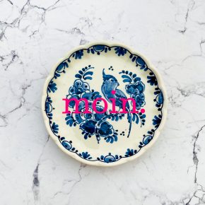 Wandteller Typo moin. vintage Herr Fuchs mini neonpink 10cm blau/weiß Delfter Mühle Vogel