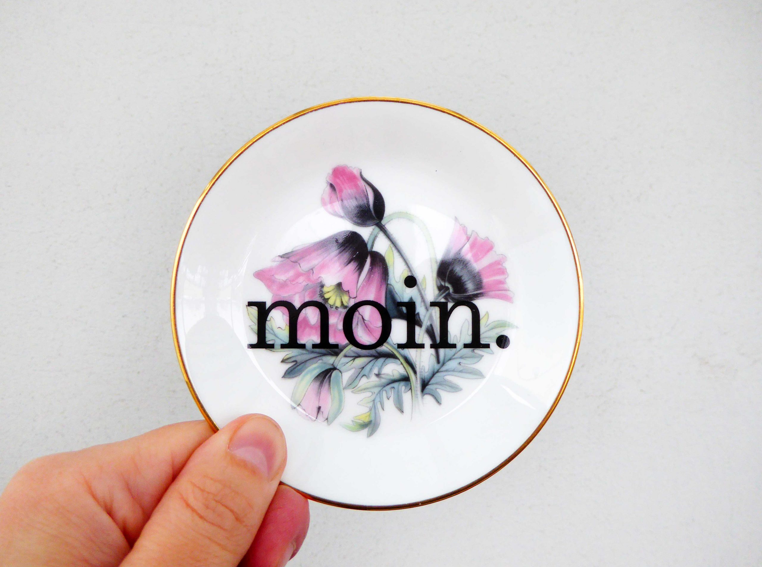 Wandteller moin. Typo Herr Fuchs mini 10cm gold Blume rosa grün/gelb vintage – Bild 3
