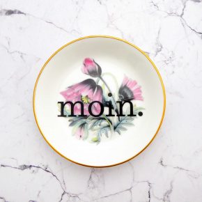 Wandteller moin. Typo Herr Fuchs mini 10cm gold Blume rosa grün/gelb vintage