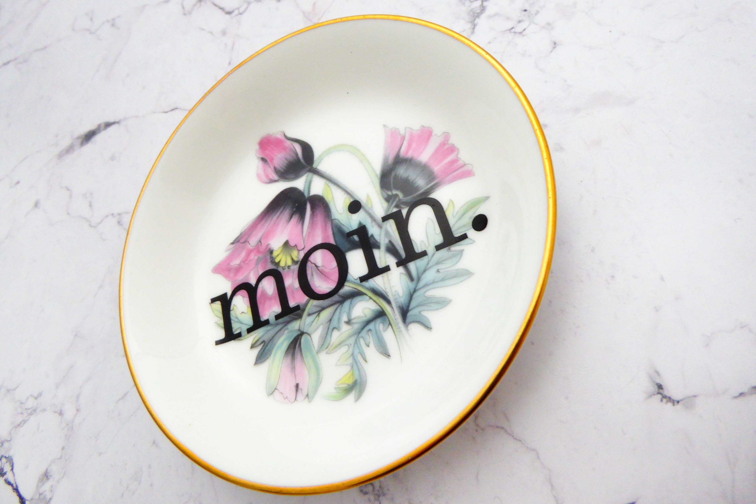 Wandteller moin. Typo Herr Fuchs mini 10cm gold Blume rosa grün/gelb vintage – Bild 2