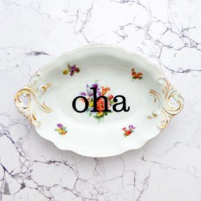 Wandteller oha Typo Herr Fuchs mini 18cm rosa bunt Blume Schnack vintage Platte